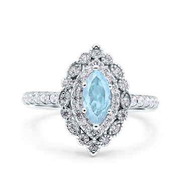 Vintage Style Solitaire Accent Marquise Wedding Ring Simulated Aquamarine CZ 925 Sterling Silver